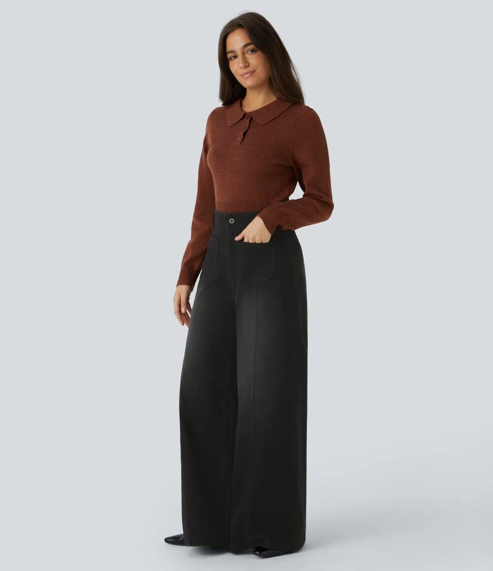 HALARA High Waisted Pockets Washed Casual Wide Leg Jeans Coal Black Sz S {VV48}